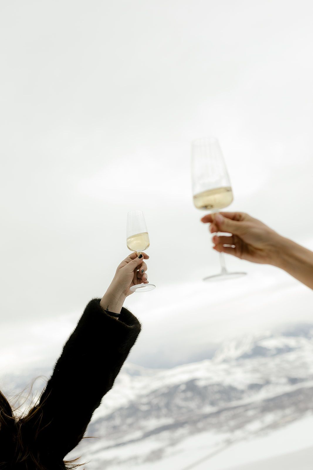 Multiple hands raising champagne glasses in a celebratory toast against a bright white sky.