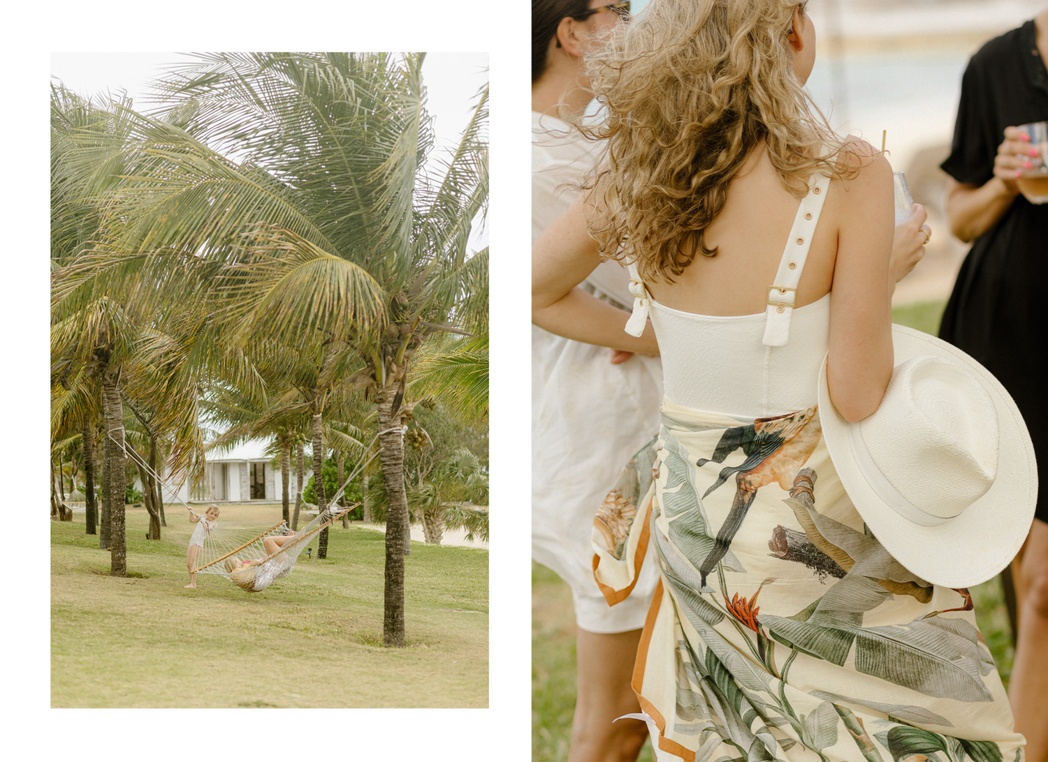 Left image shows palm trees lining a path to a white building, right image shows a summer dress with tropical print pattern.