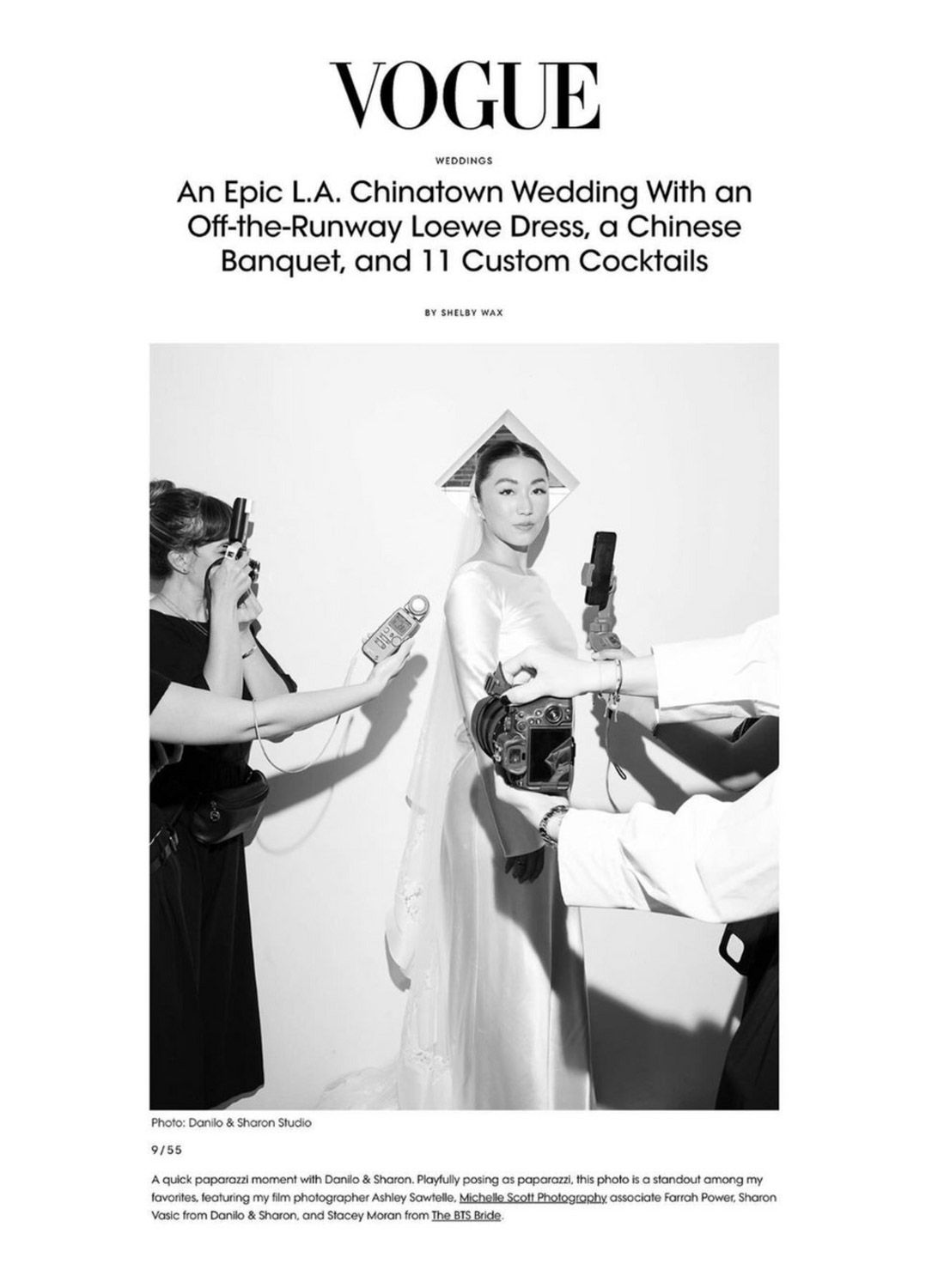Bride in white Loewe gown surrounded by photographers at an epic LA Chinatown wedding, featured in Vogue.