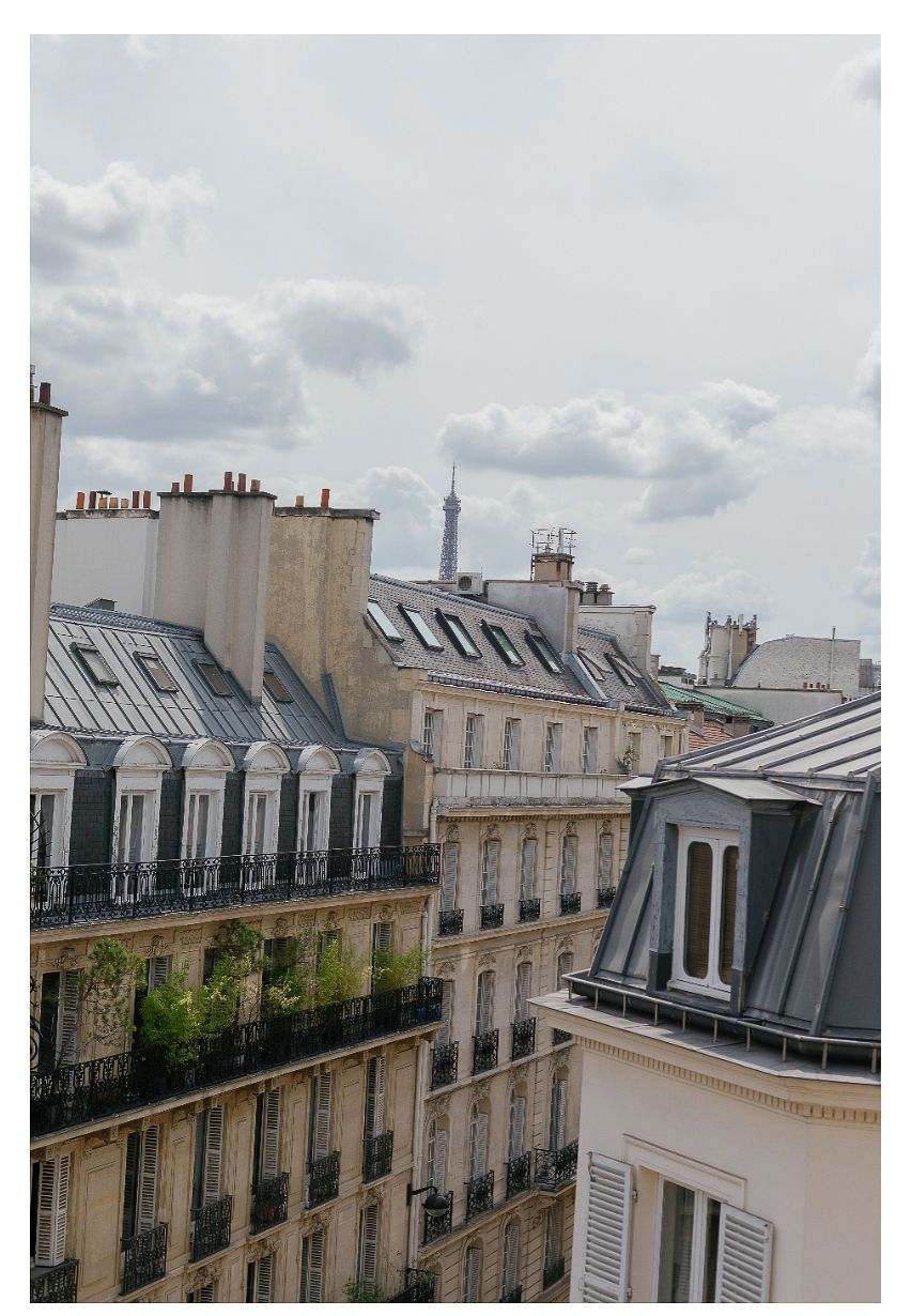 Traditional Parisian rooftops with mansard windows and chimneys under a cloudy sky.