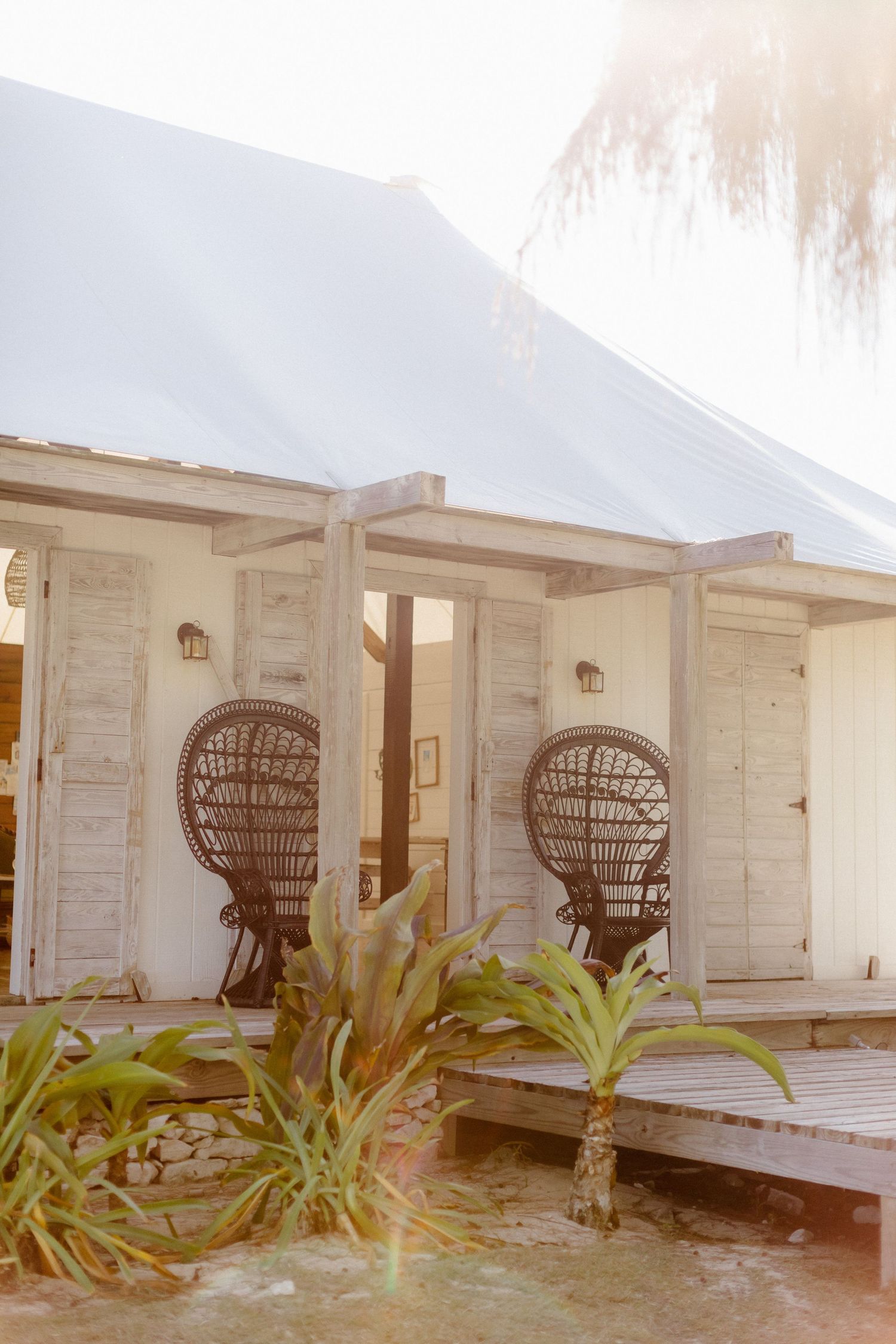 Rustic beach bungalow with white walls, peacock wicker chairs, and tropical plants on a wooden deck.