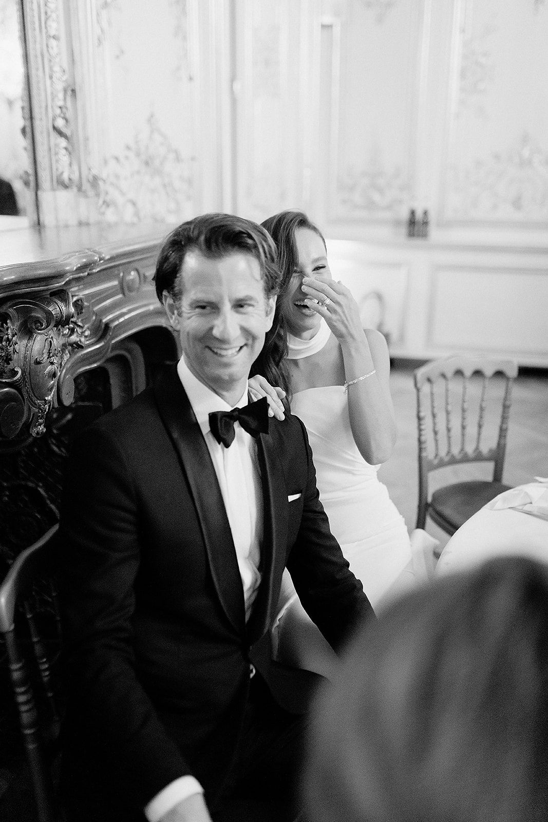 Black and white candid photo sequence showing intimate moments at an elegant formal event.