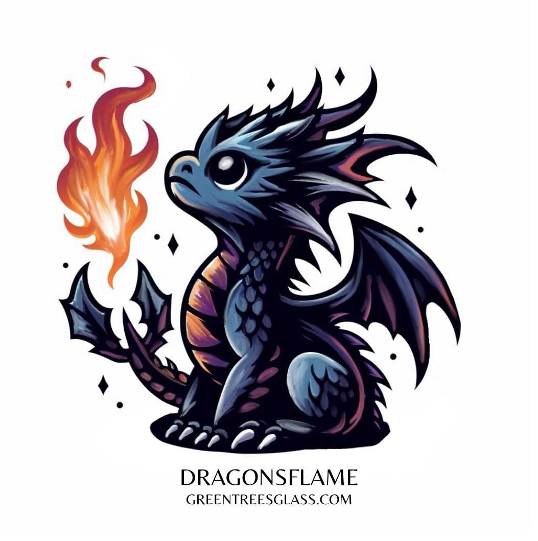 Cute chibi dragon character breathing fire with sparkle effects in dark blue colors.