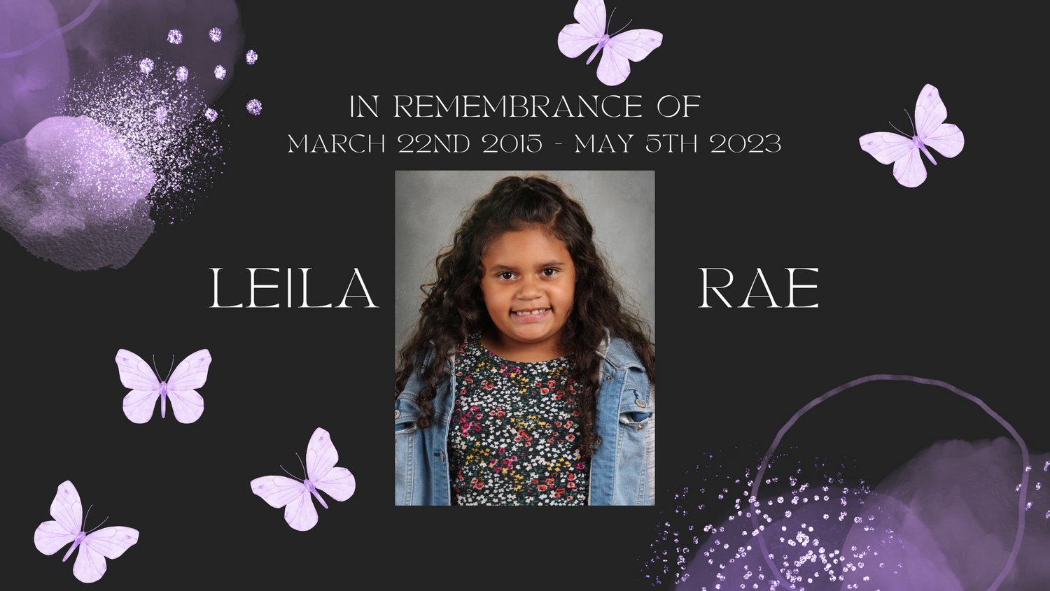 Memorial tribute design with purple butterflies and sparkles on black background.