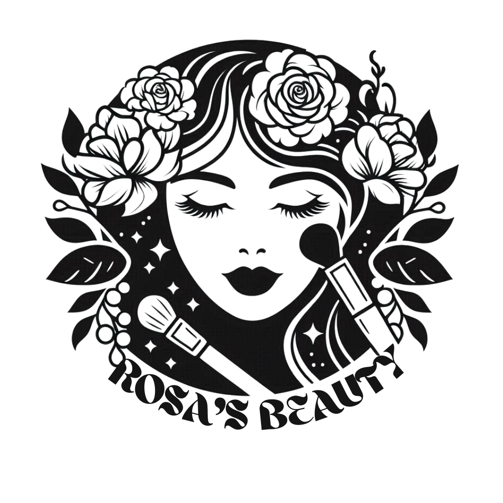 Black and white logo design for Rosa's Beauty featuring a feminine face with roses and makeup brushes.