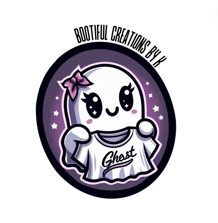 Cute ghost mascot logo with kawaii face and pink bow in circular purple frame.