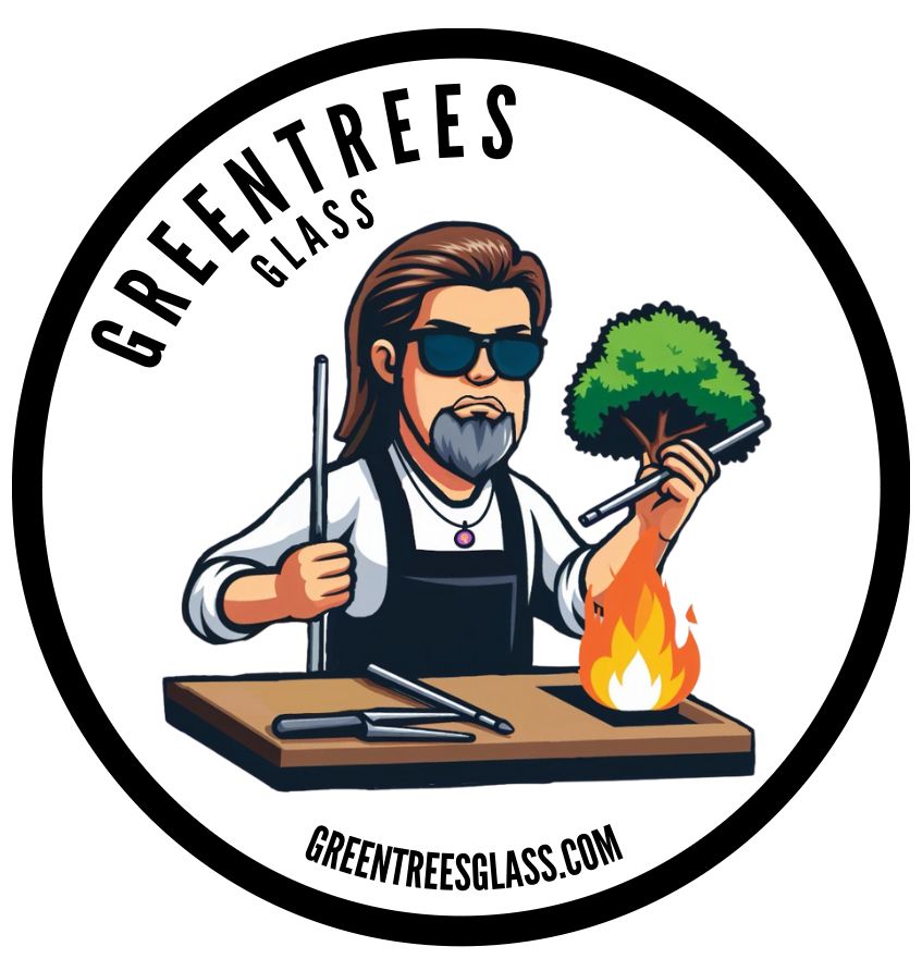 Cartoon glassblower character working with fire and tools in circular logo design.