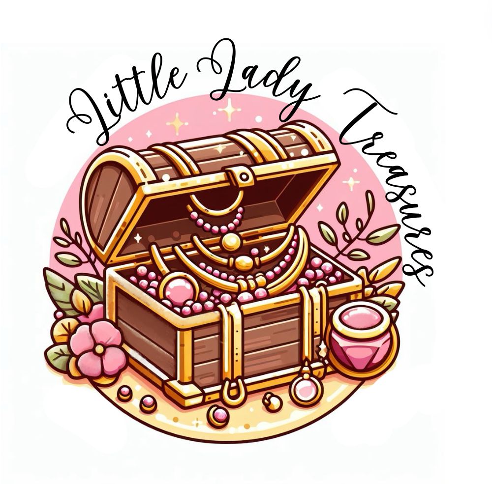 Decorative logo design featuring an open treasure chest filled with jewelry and pearls.