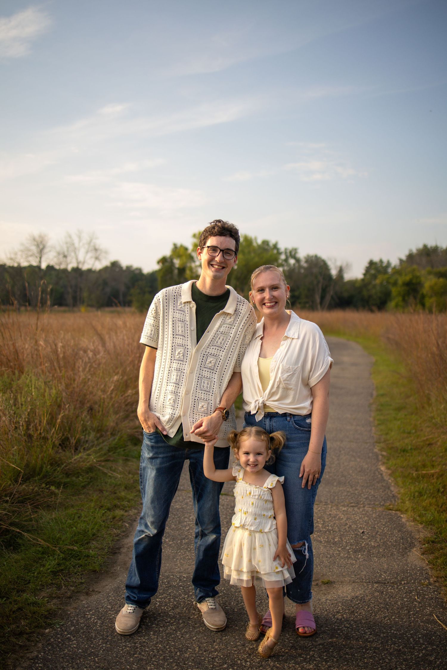 Family photography series showing candid moments on an outdoor trail during a sunset golden hour photo session.