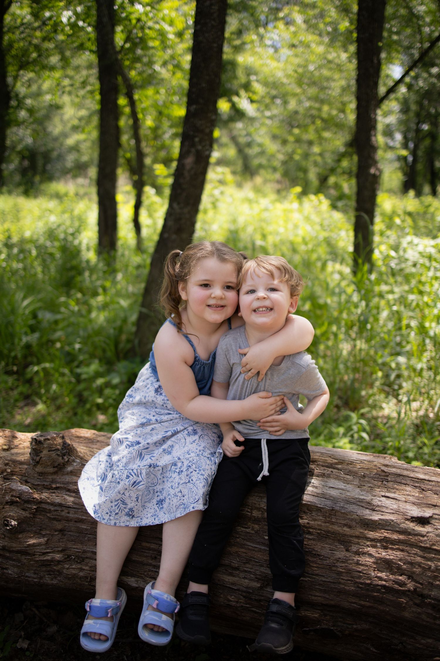 Two young children hugging while sitting on a fallen log in a sunny forest with wildflowers in the background.
