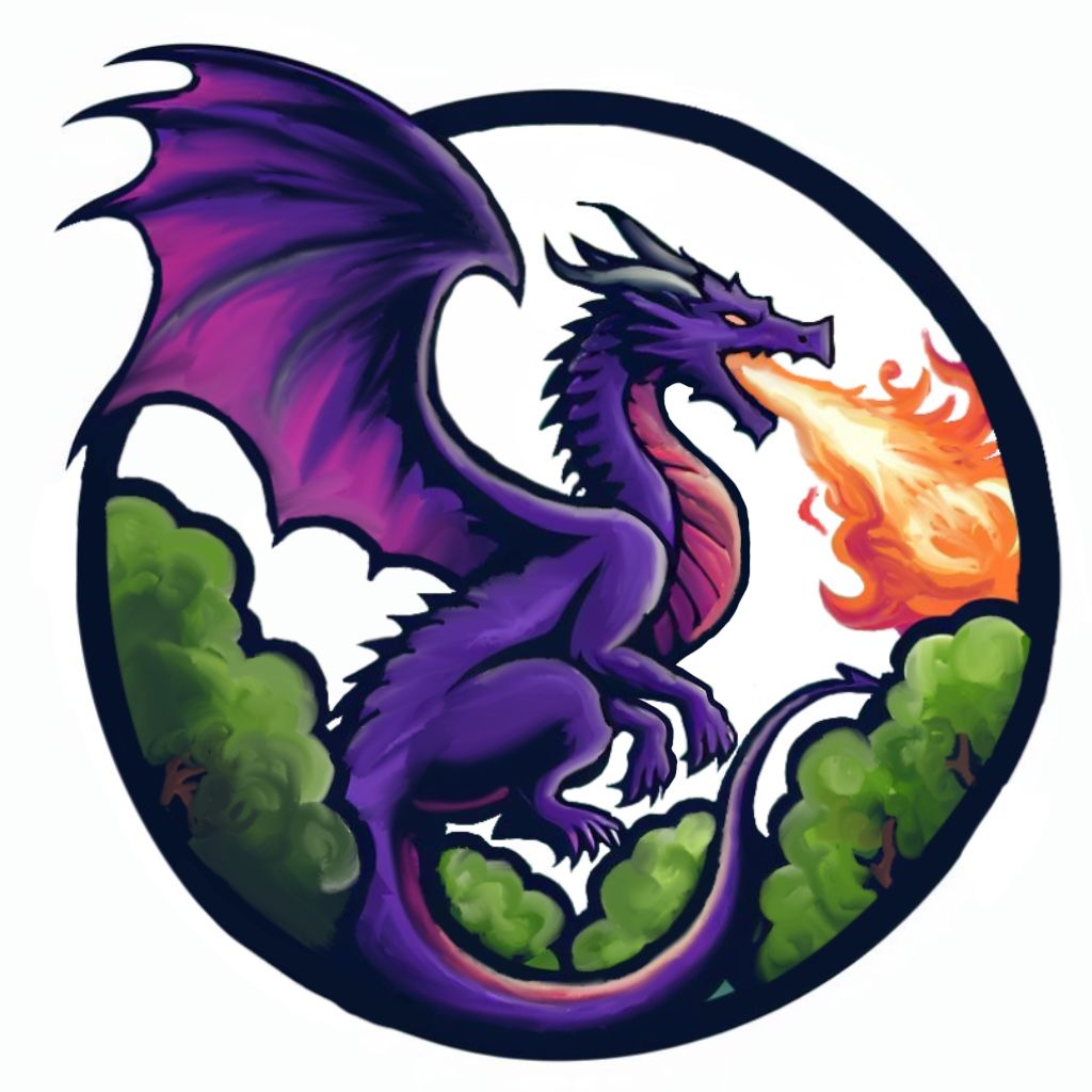 Purple dragon breathing fire in a circular emblem with green foliage background.