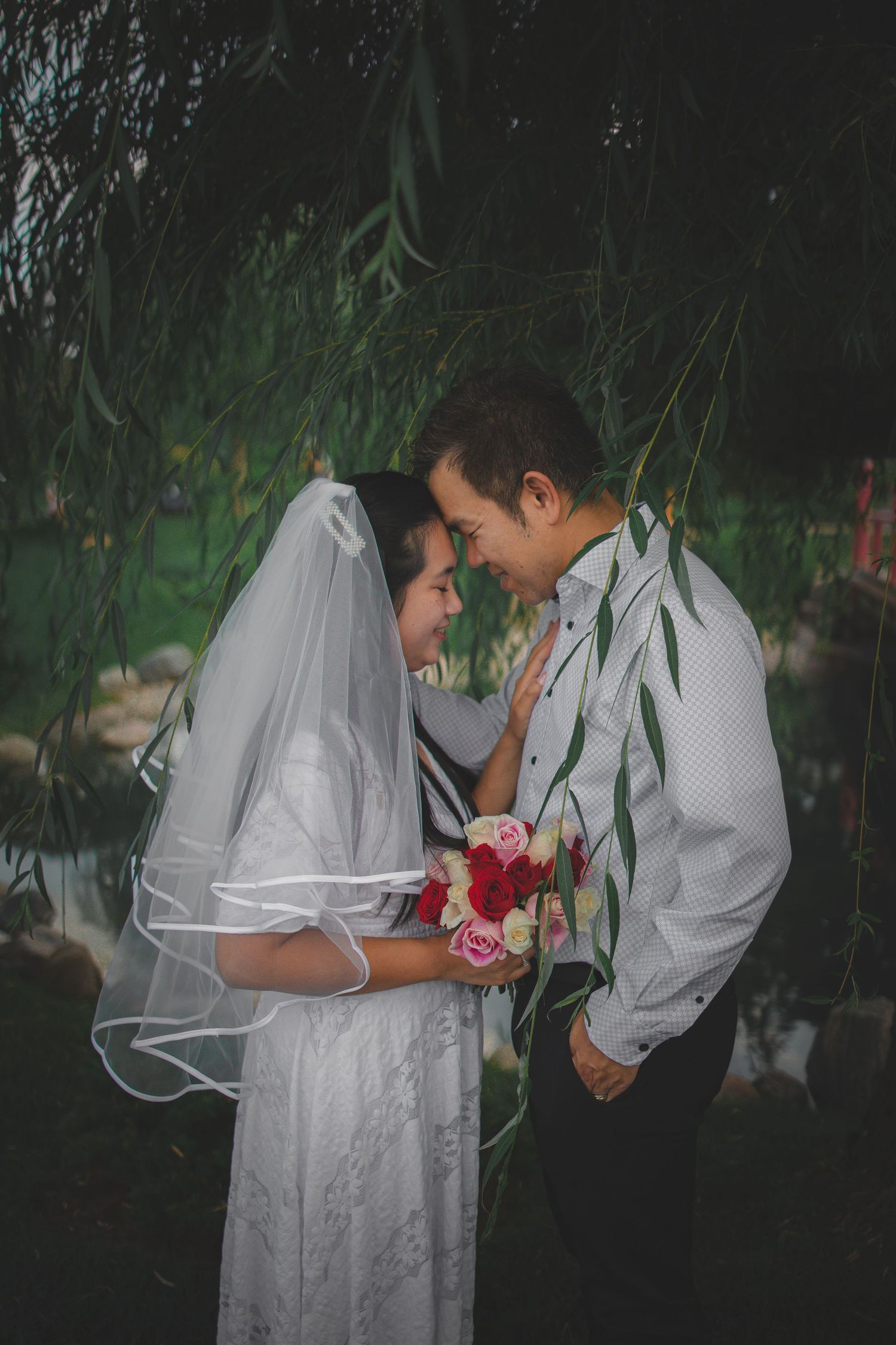 A couple shares an intimate moment during their wedding photoshoot under hanging greenery with red roses.