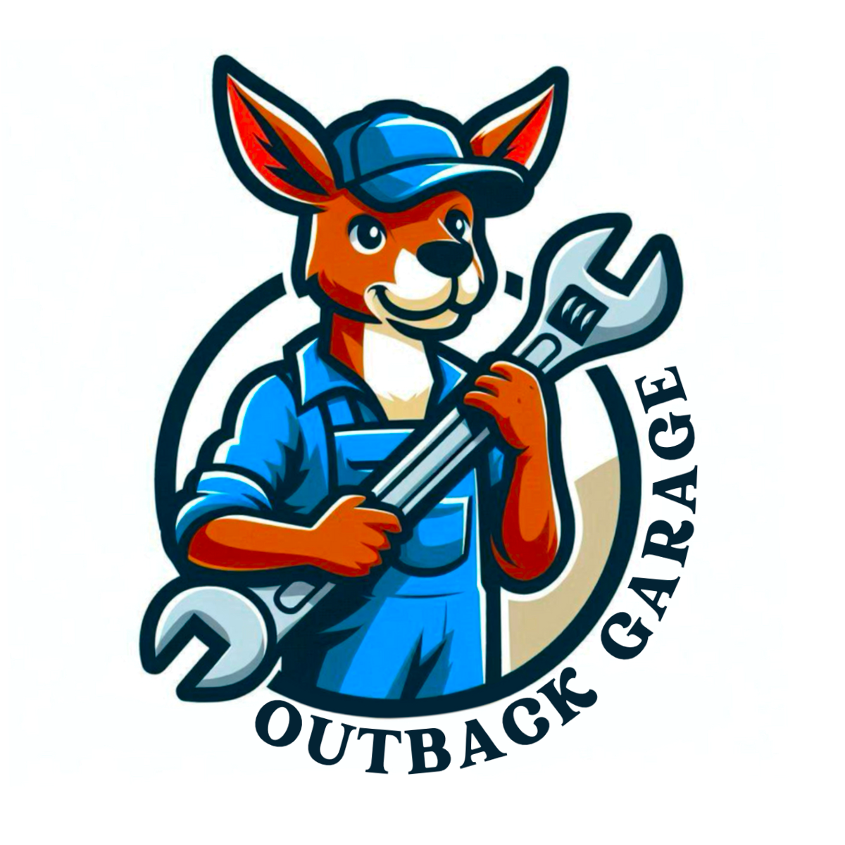 Cartoon kangaroo mascot logo in blue overalls holding a wrench for Outback Garage.