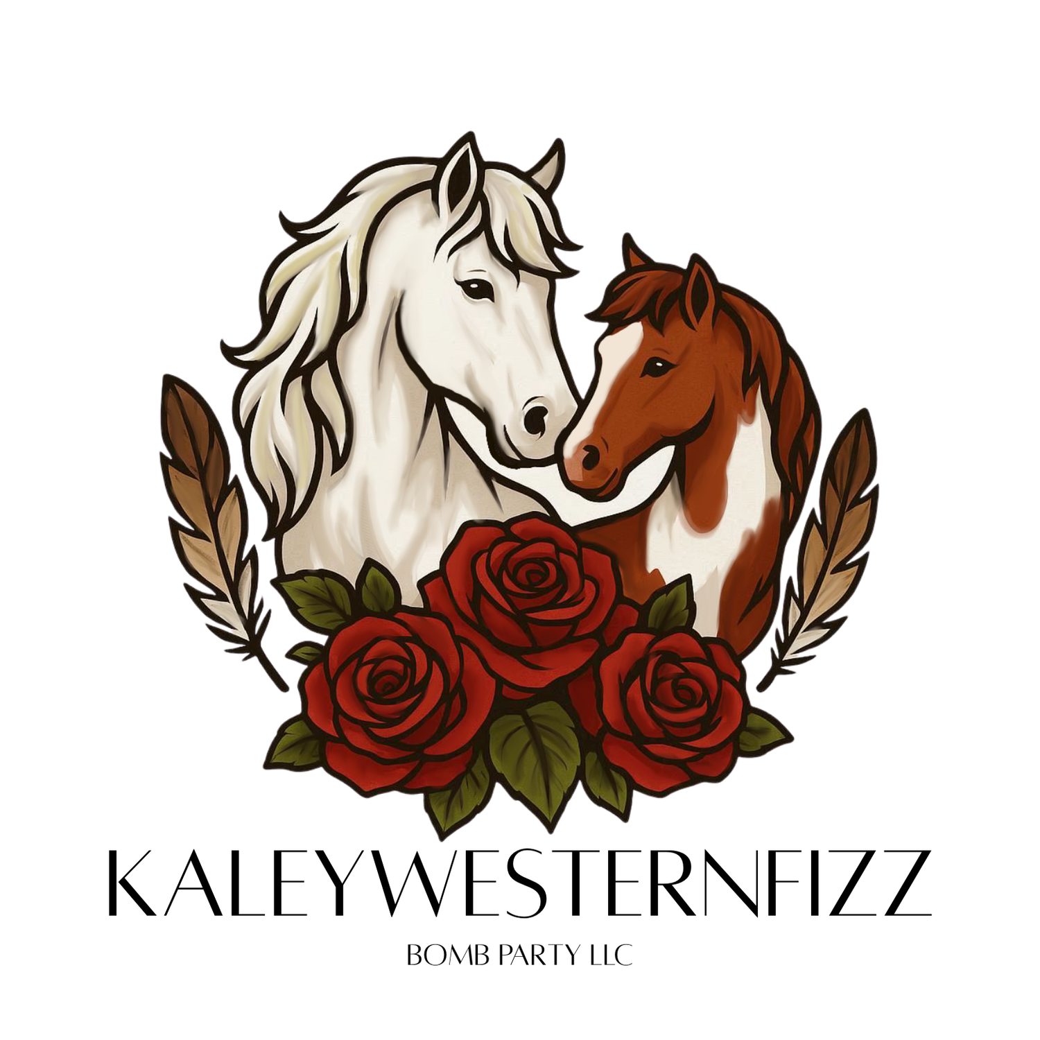 A logo design featuring two horses, a white and brown one, with red roses and feathers in a romantic western style.