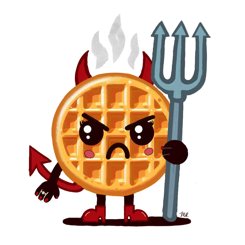 Cute cartoon waffle character with devil horns and angry expression holding a pitchfork.