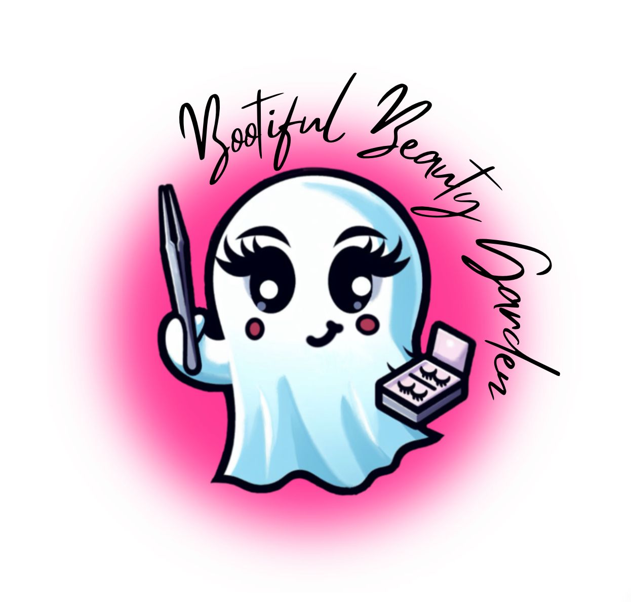 Cute cartoon ghost mascot logo with eyelashes holding beauty supplies against pink background.