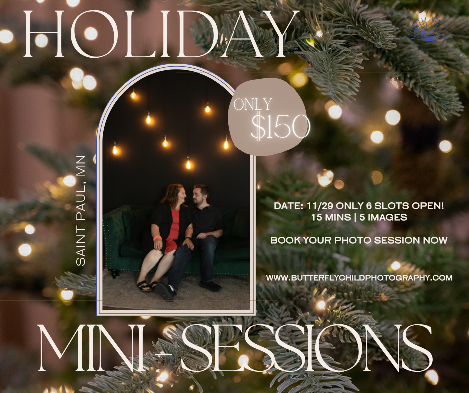 Holiday mini photo session advertisement with twinkling lights and evergreen branches in a warm festive setting.