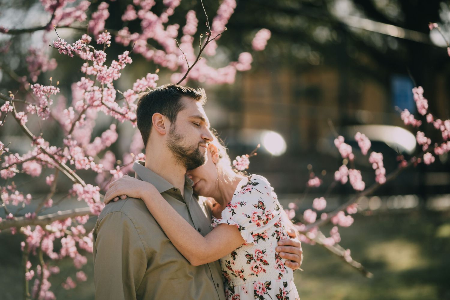 A couple embraces under blooming cherry blossom trees.