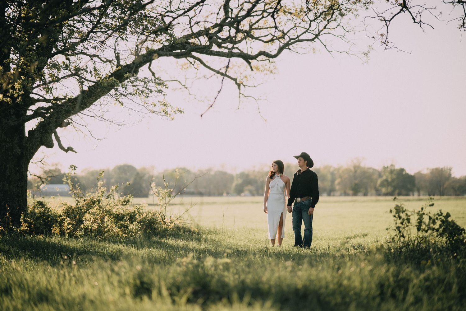 Silhouettes of two people standing in a sunlit meadow with tree branches overhead.