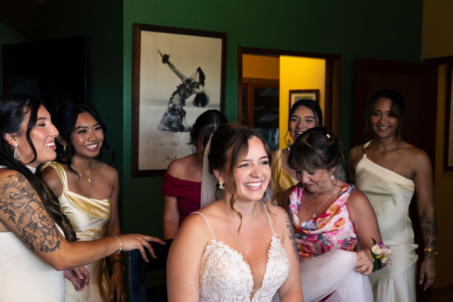 A collage of candid moments from a wedding celebration showing joyful interactions between guests and the wedding party.