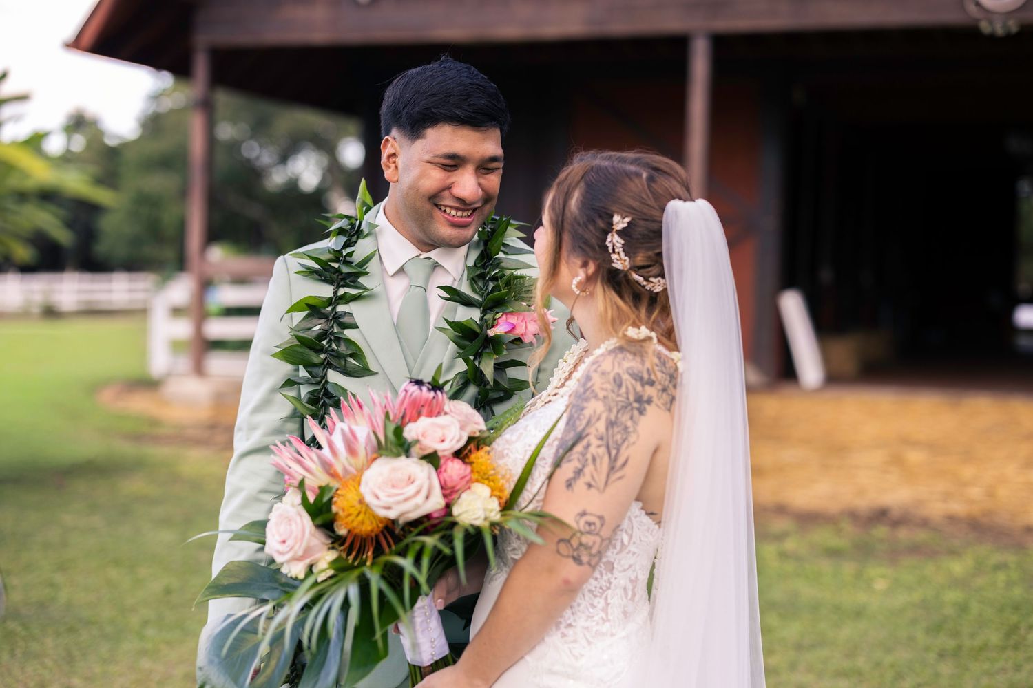 A collection of romantic wedding photos showing joyful moments between couples in outdoor settings.