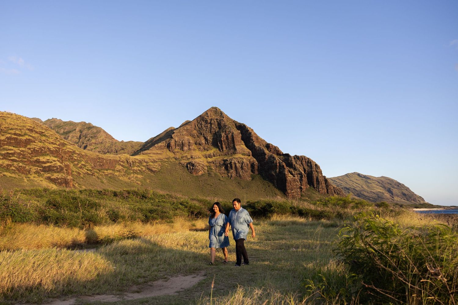 Scenic mountain landscape with golden grass and rocky cliffs during sunset in a rugged wilderness area.
