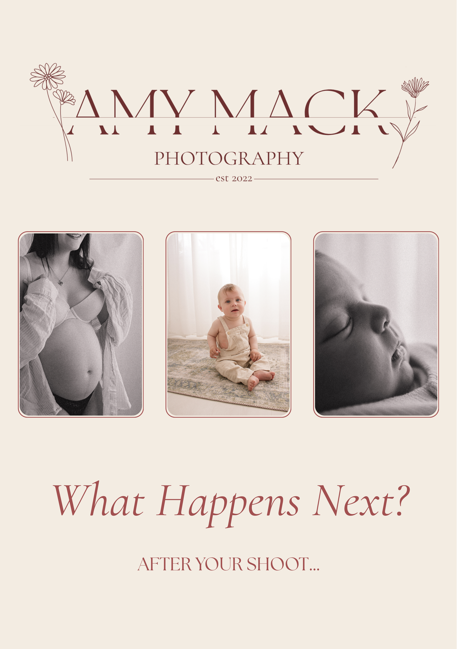Photography service guide showing maternity and newborn session examples.