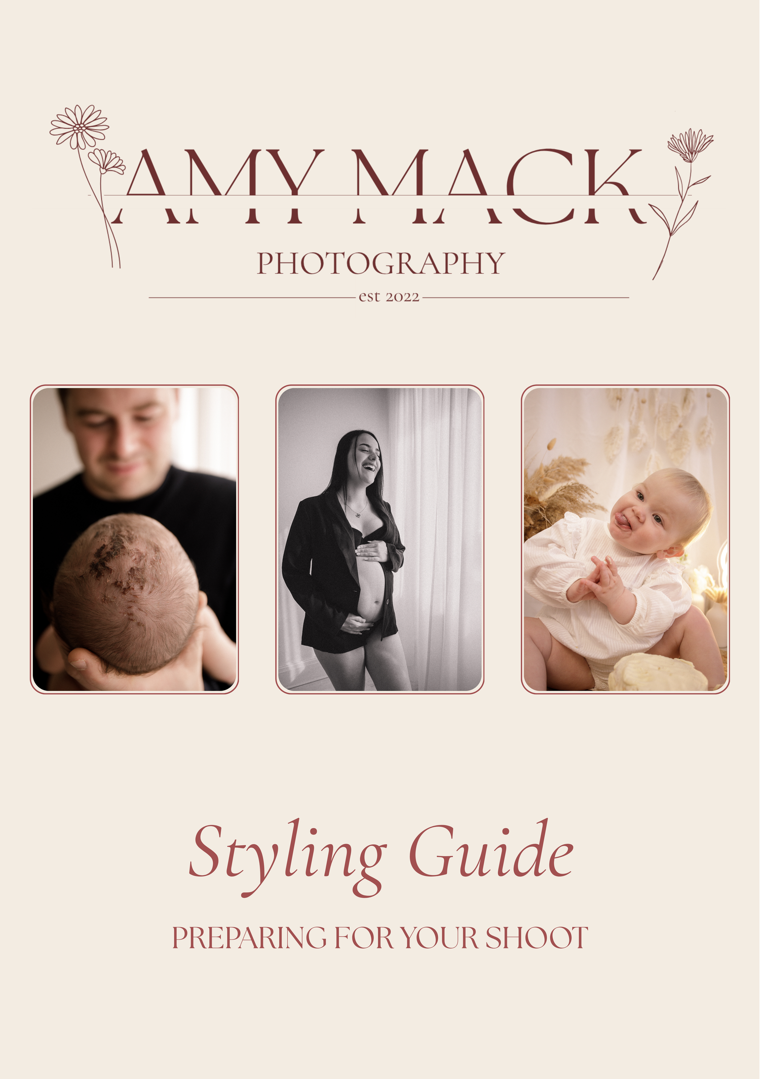 Photography styling guide cover with maternity and newborn portfolio examples.