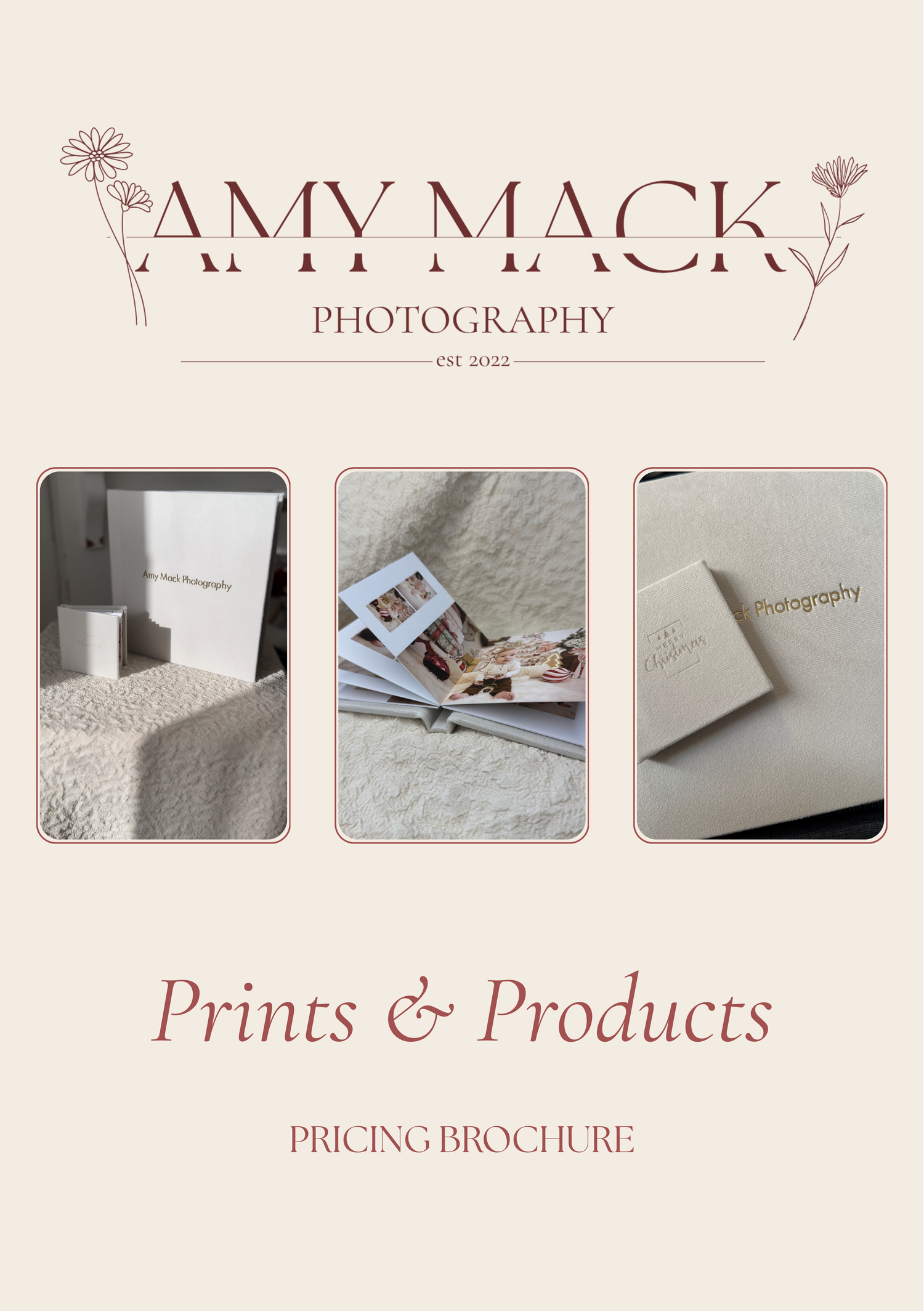 Photography pricing brochure showing product samples and printed materials.