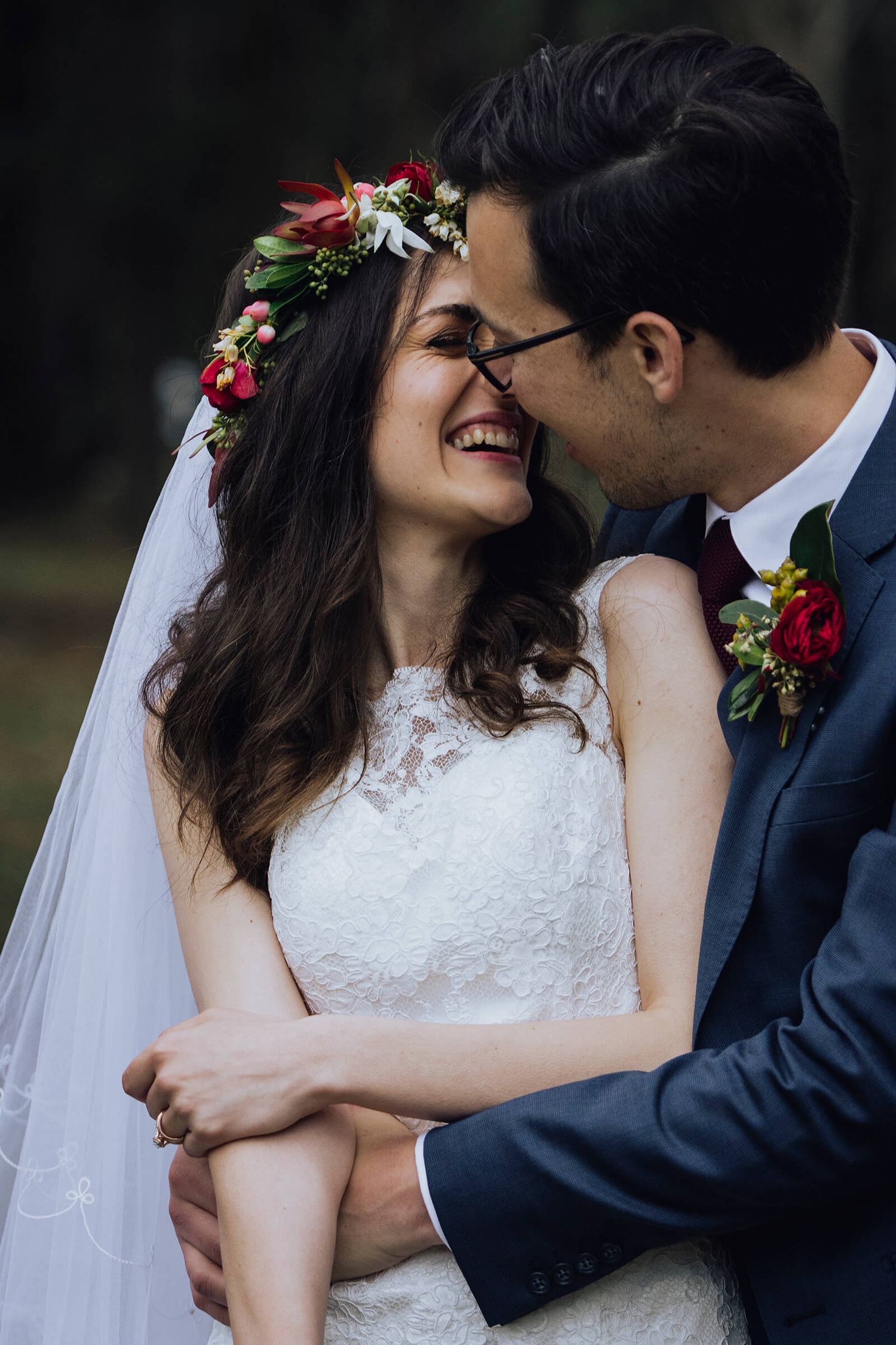 Close up of groom kisses bride's nose in Southern Highlands - Zara King Photography, Sydney Australia