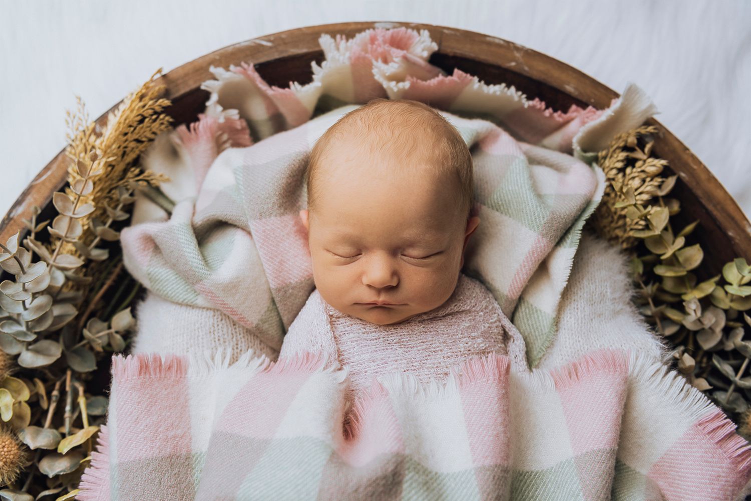 Newborn baby in a basket surrounded by woollen blankets and native flowers - Zara King Photography, Sydney Australia