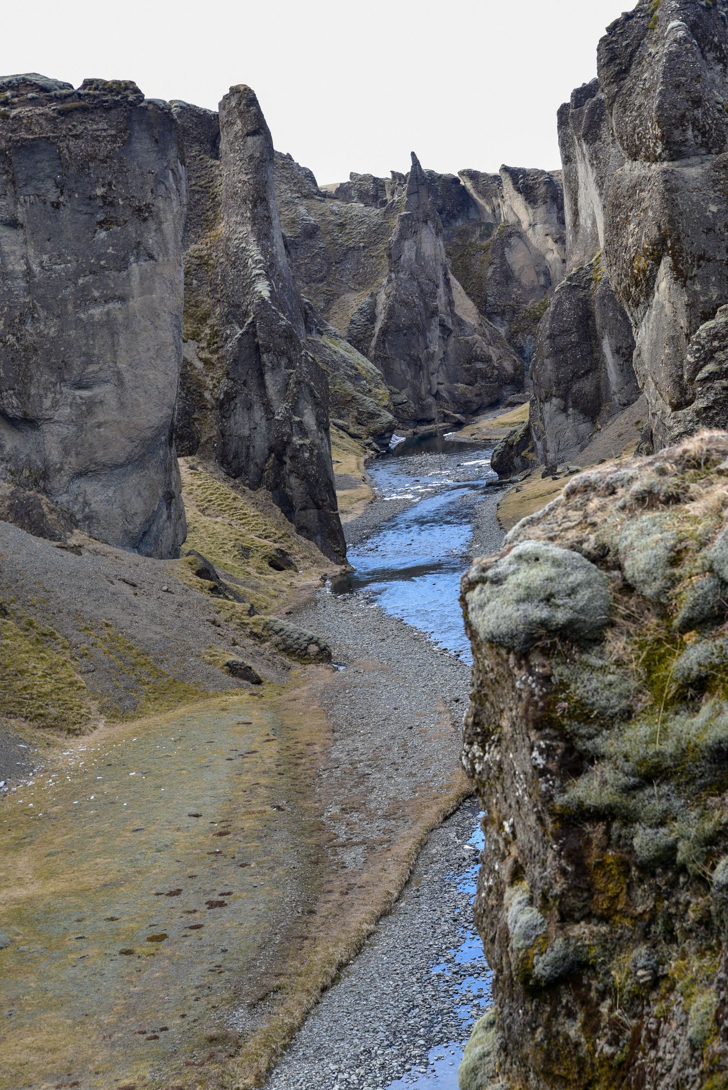 Narrow river flowing through the dramatic rocky canyon walls of Fjadrargljufur canyon in Iceland.