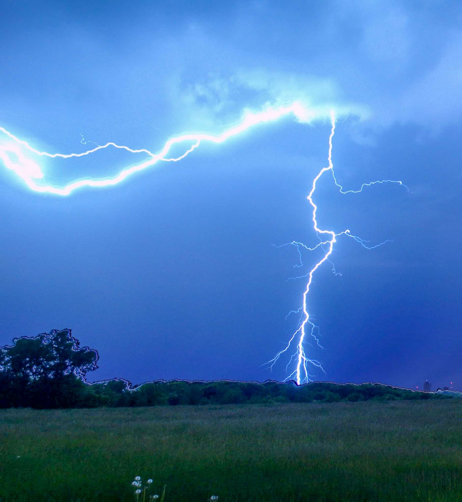 Dramatic lightning bolt striking an open field at night during an intense thunderstorm.