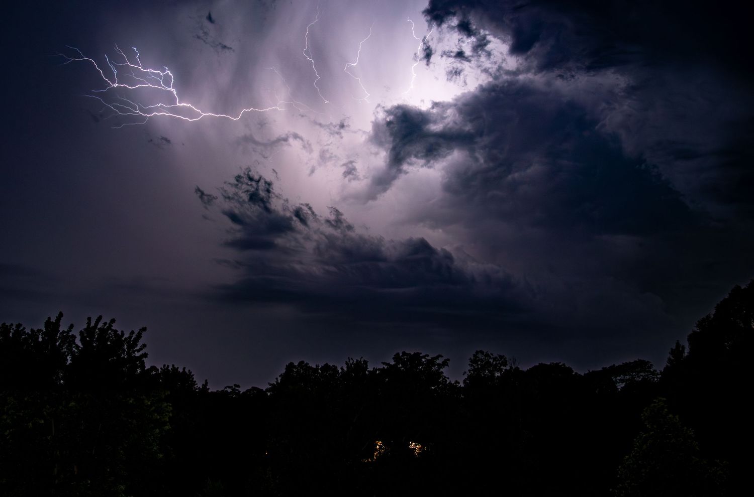 Multiple lightning bolts illuminating dramatic storm clouds over silhouetted trees at night.