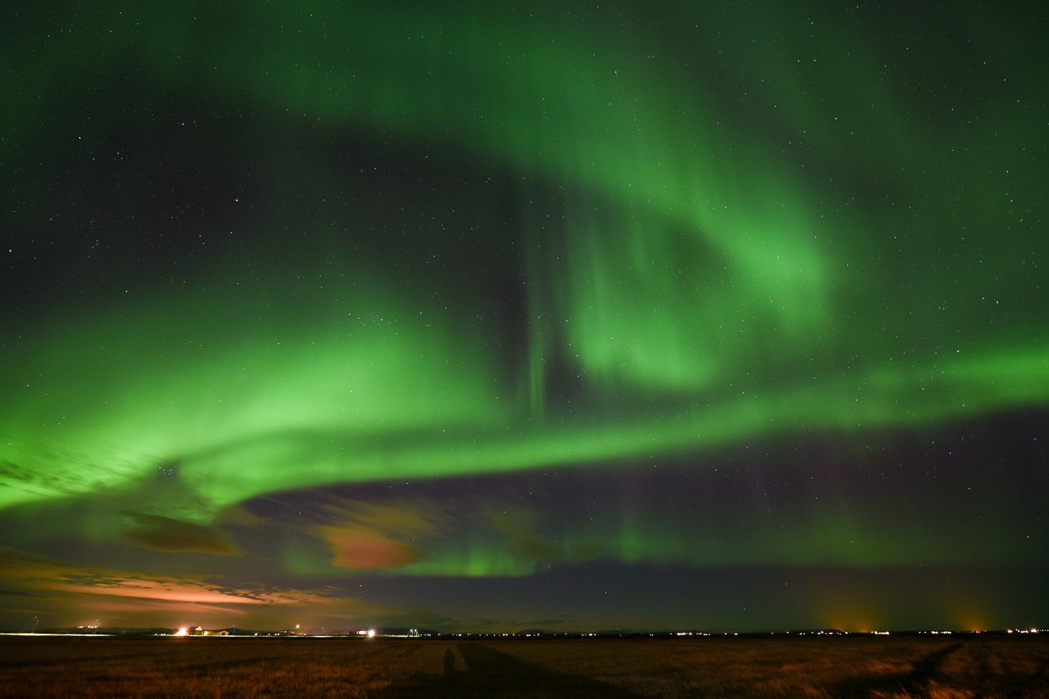 Brilliant green northern lights aurora borealis swirling across the night sky over a flat landscape.