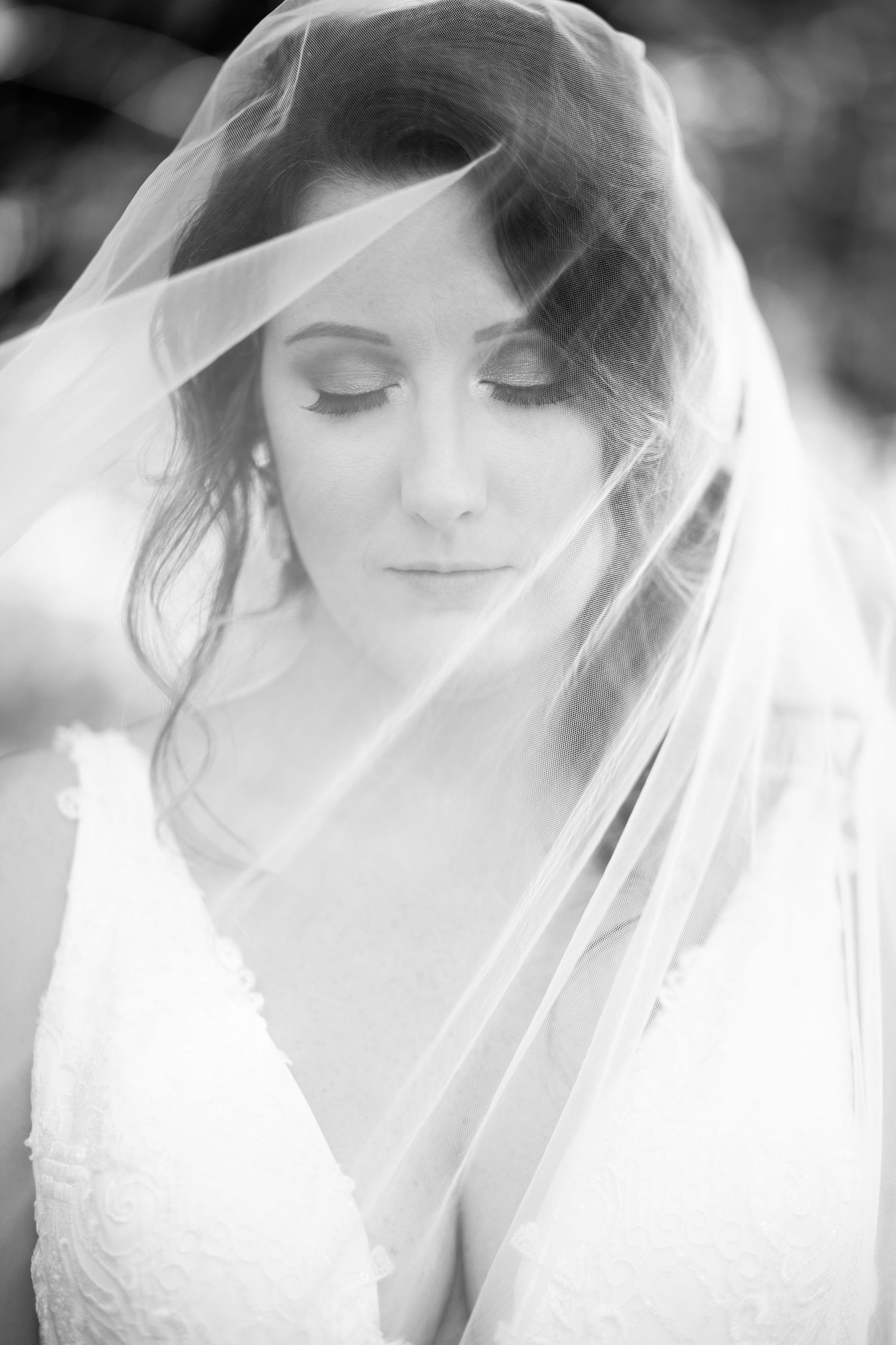 Ethereal black and white bridal portrait with delicate veil framing face.