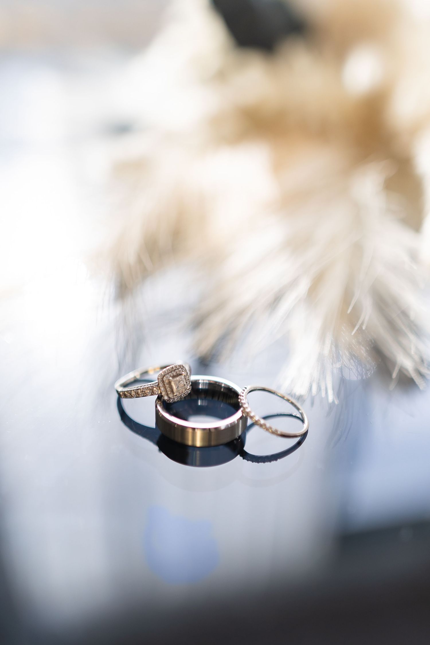 Wedding rings arranged artistically on soft white feathers with blurred background.