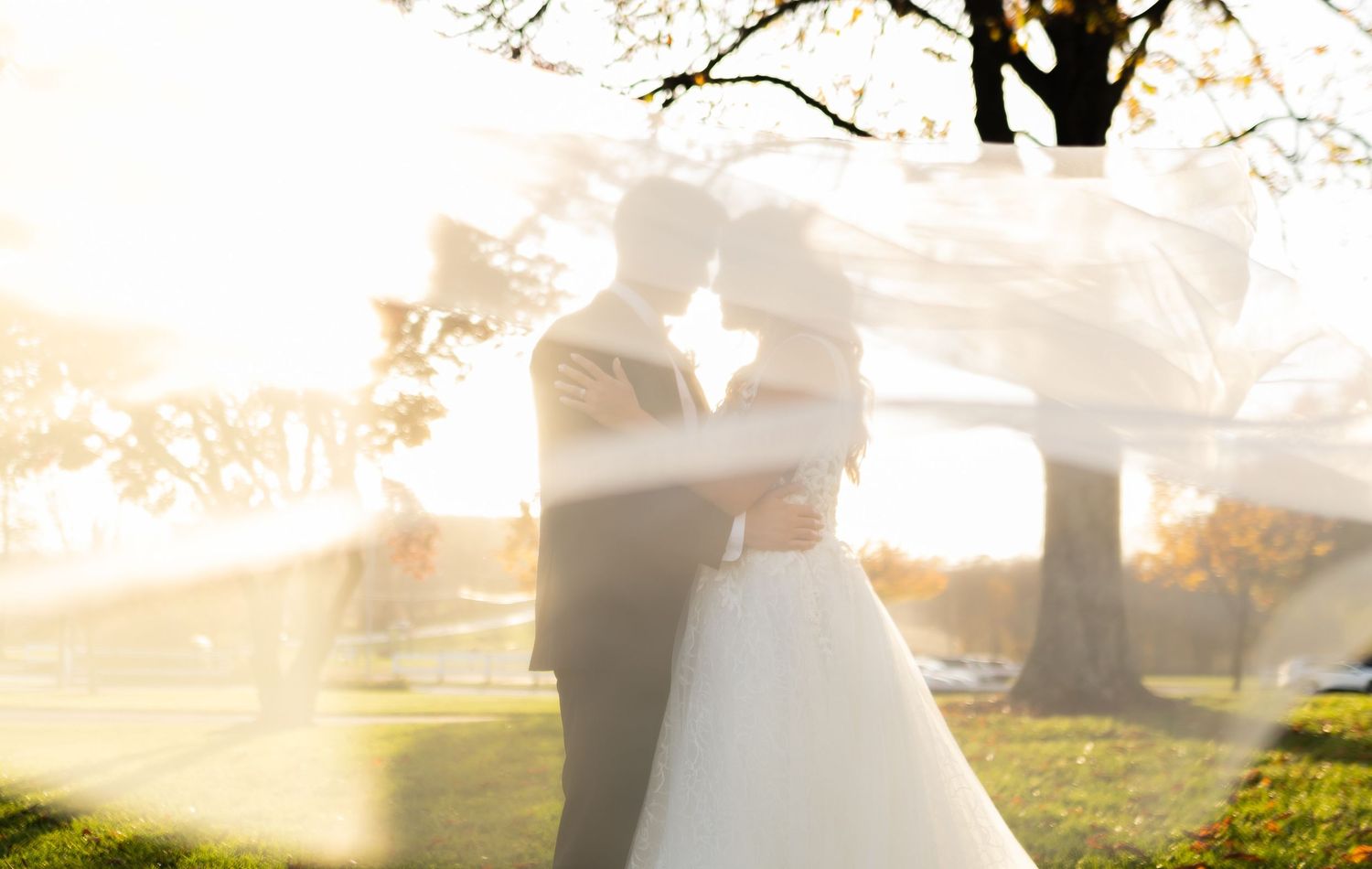 Ethereal wedding photo with couple silhouetted against golden sunlight streaming through trees.