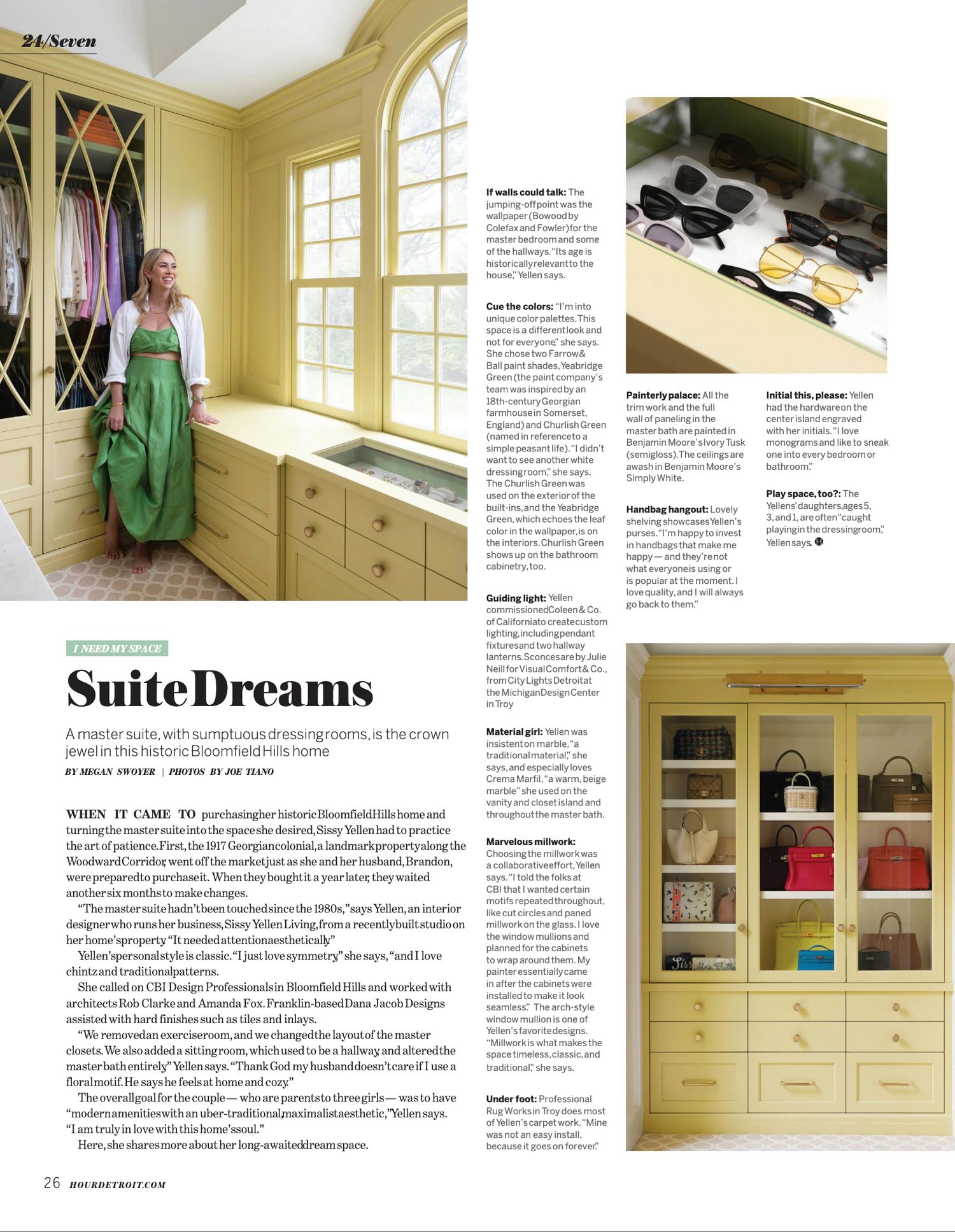 Closet interior designed by Sissy Yellen featuring a bold yellow wardrobe, photographed for Hour Detroit.