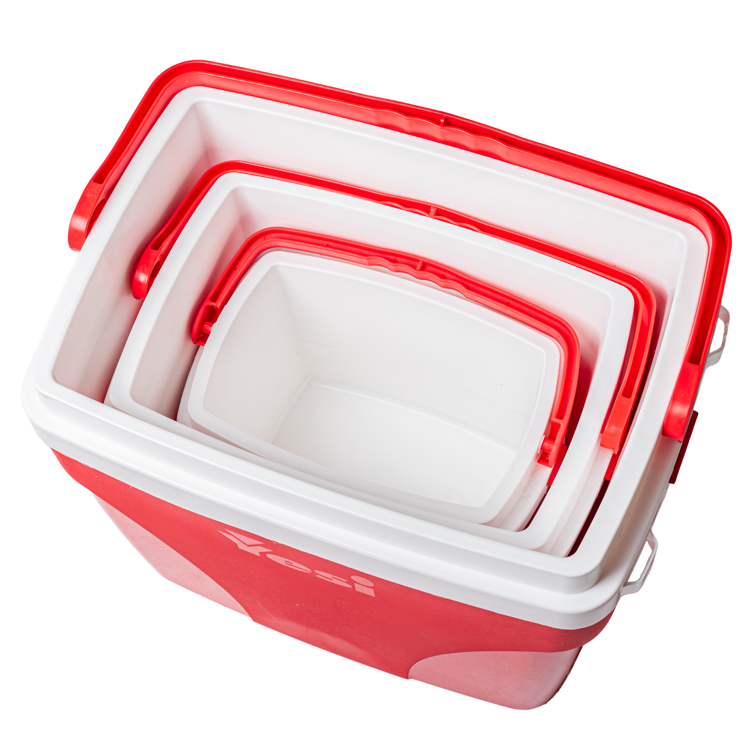 Fotografía e-commerce de conservadoras apilables rojas y blancas sobre fondo transparente.