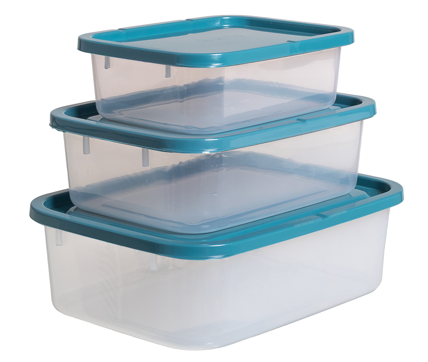 Fotografía de producto para catálogo online de recipientes herméticos con tapa celeste sobre fondo transparente.