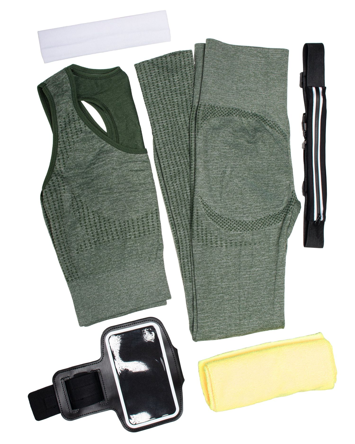 Fotografía de producto para ecommerce de conjunto deportivo femenino en composición flat lay sobre fondo blanco.