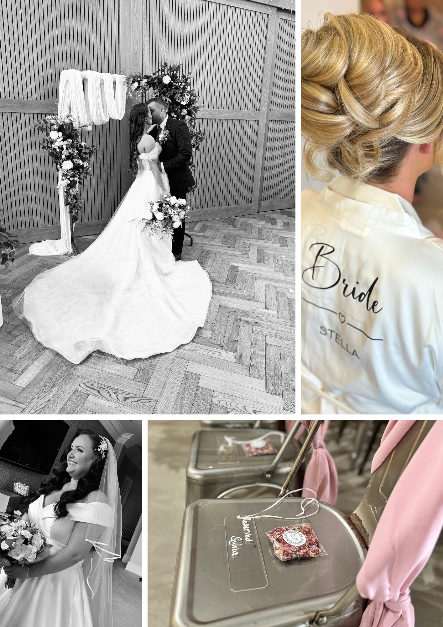 Wedding preparation scenes showing details of the dress and getting ready moments in black and white. wedding content