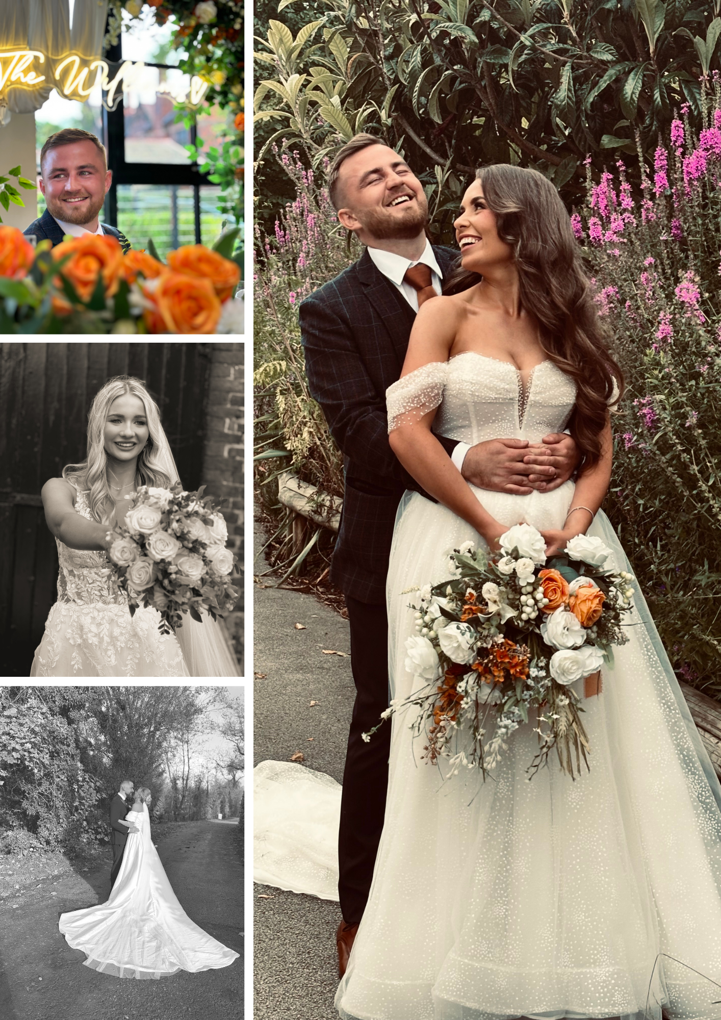 Wedding photo collage featuring romantic poses and floral arrangements in a garden setting.