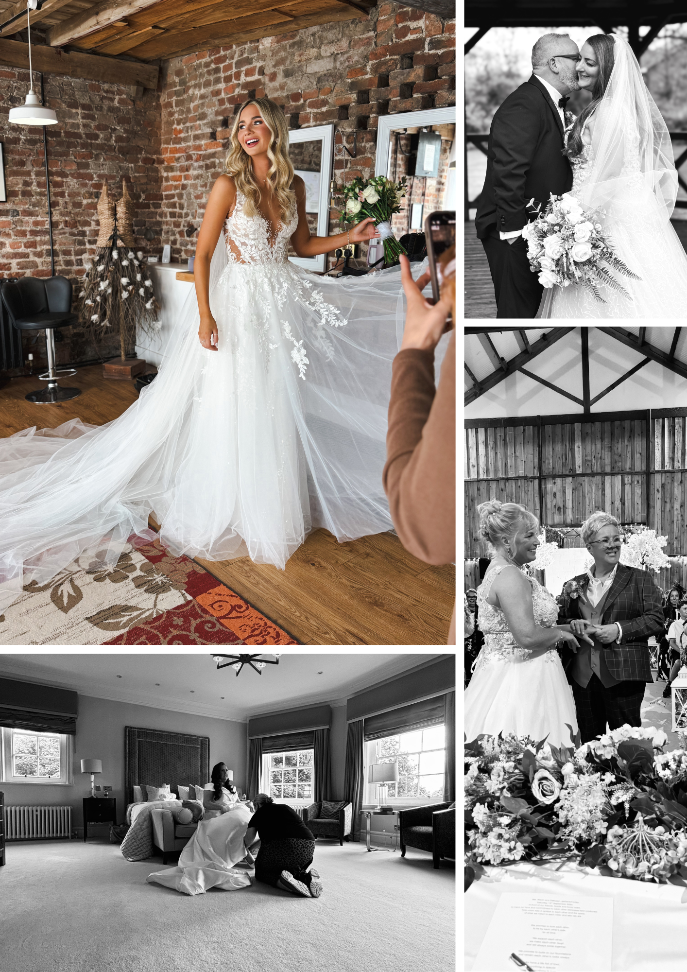 Collection of candid wedding moments captured in a rustic brick venue with wooden floors. wedding content