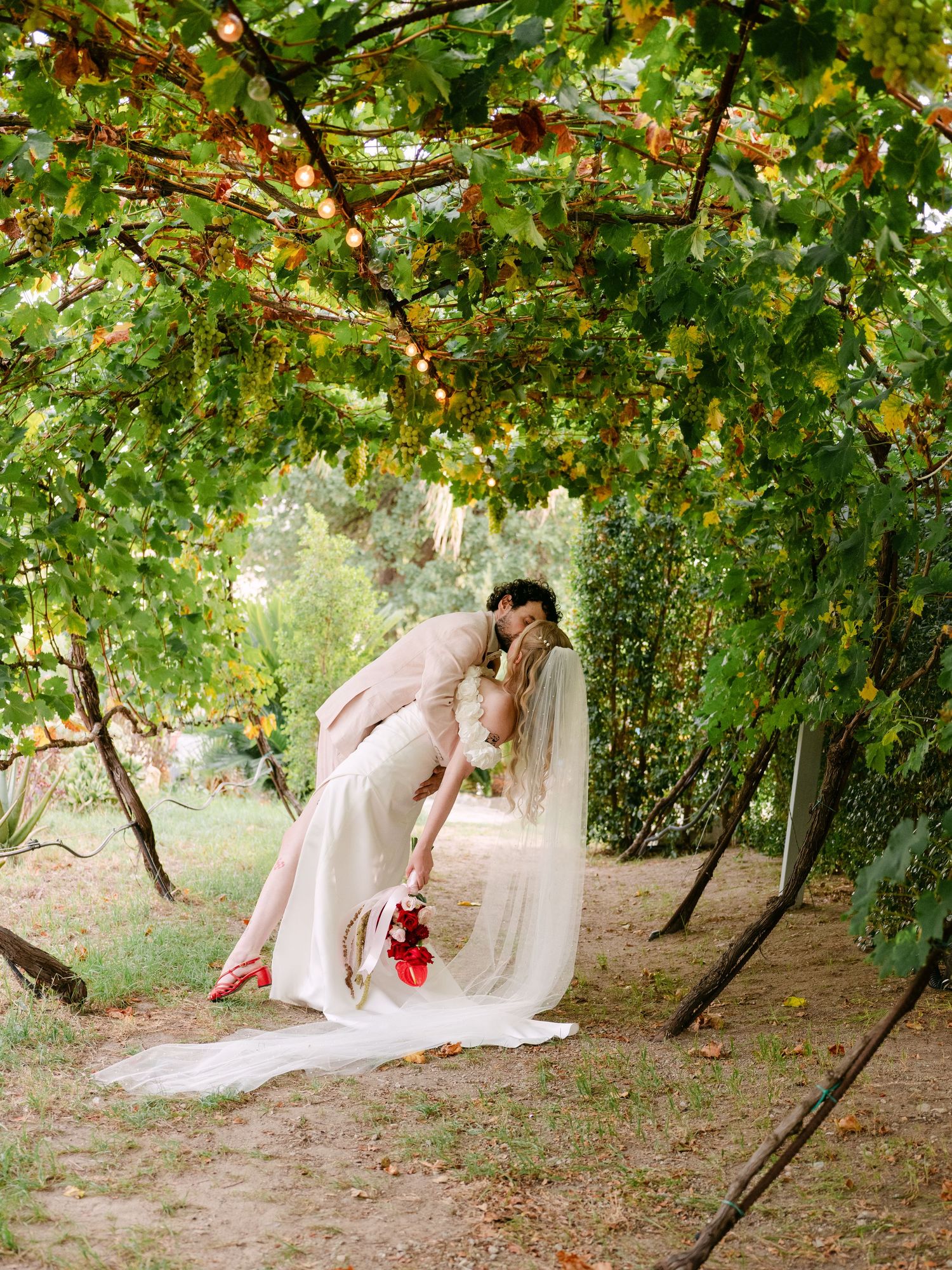 Bride and groom share a romantic kiss under a lush green vine archway, bride holding red bouquet in white gown.