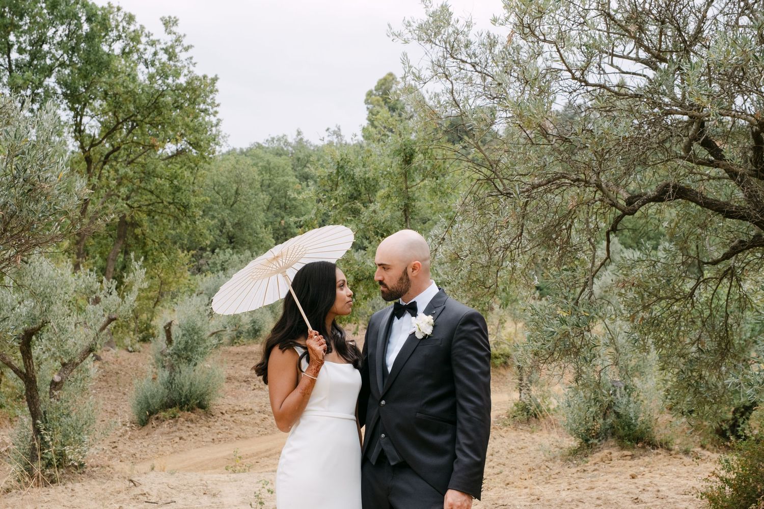 Couple sharing intimate moment under white umbrella in olive grove.