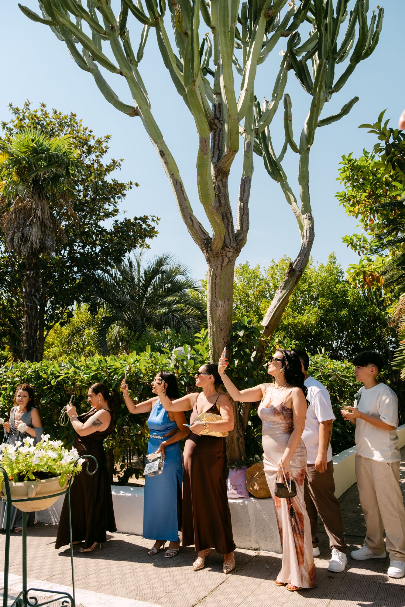Wedding guests mingle and socialize on an outdoor patio surrounded by lush greenery and trees.