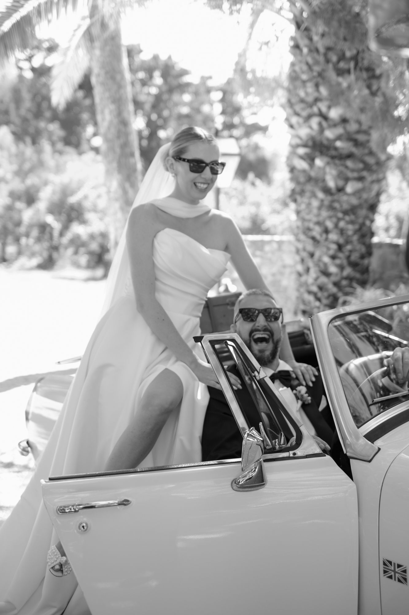A series of black and white photos showing a classic car scene with people in elegant attire.