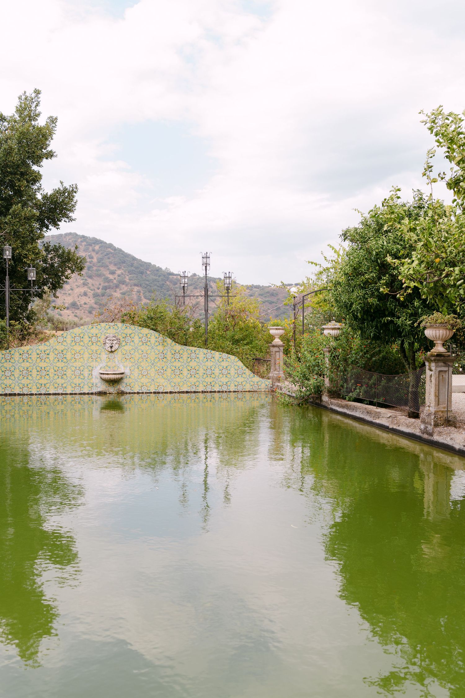 Panoramic view of a green reflecting pool surrounded by trees and mountains in the background.